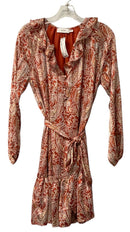 GREYLIN Brick/Cream Paisley Ruffle Neck L/S Dress