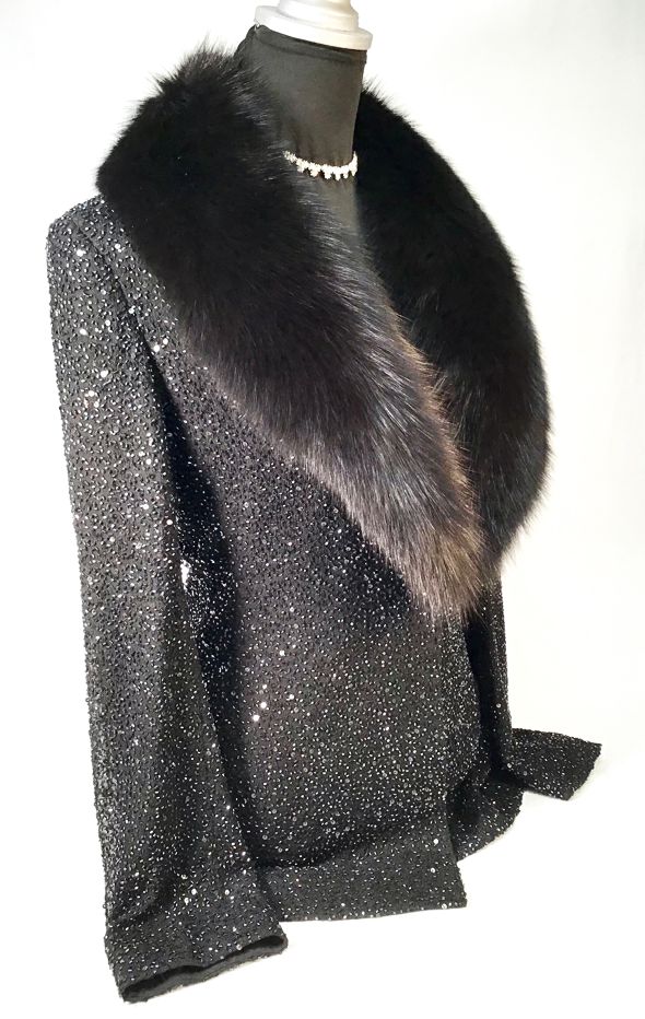 BADGLEY MISCHKA Black Silk Beaded Fox Fur Collar Jacket