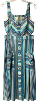 FLORA BEA Aqua/Blue/Multi Stripe Cut-Out Sides S/L Midi Dress