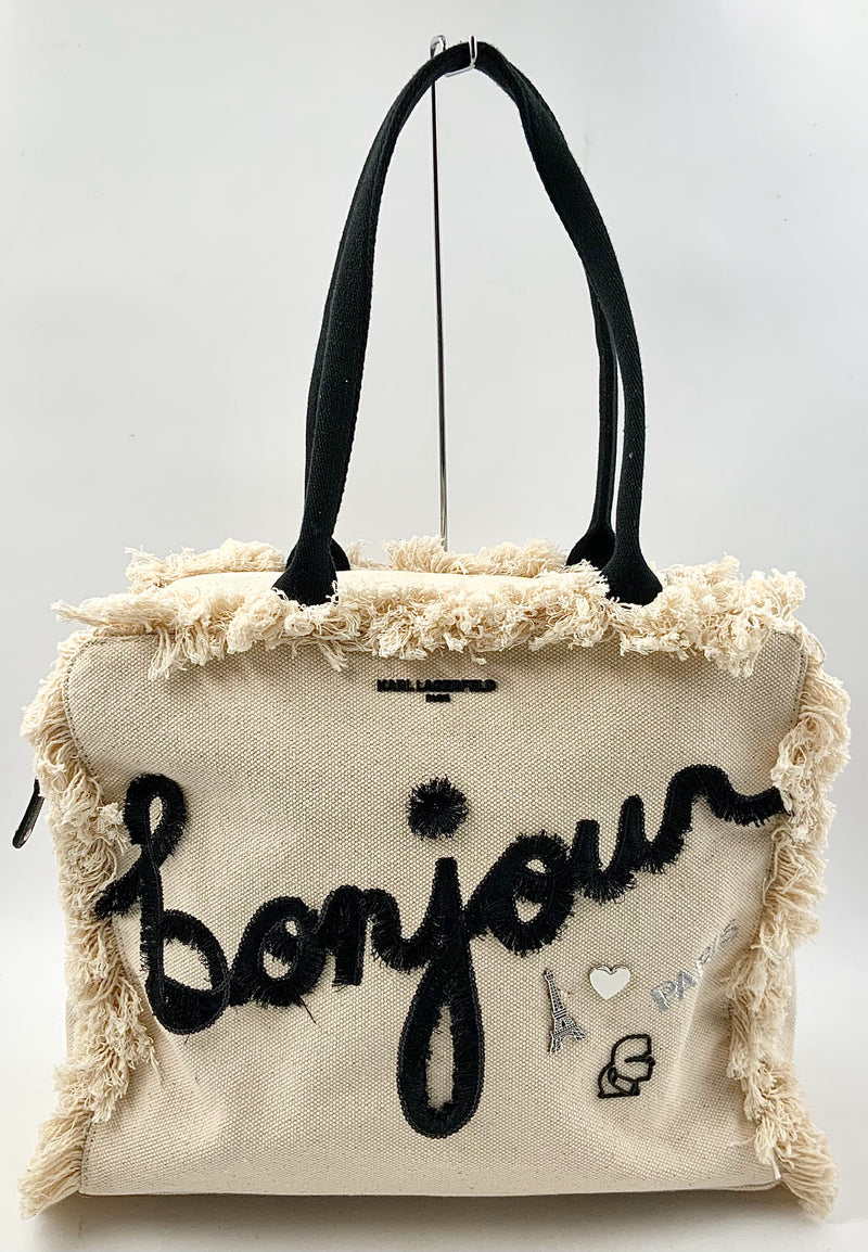 KARL LAGERFELD Beige Cotton Black Bonjour Paris MarketTote