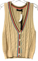 CENTRAL PARK WEST Beige w/Pink/Blue/Olive Stripe Trim S/L B/D Sweater Vest