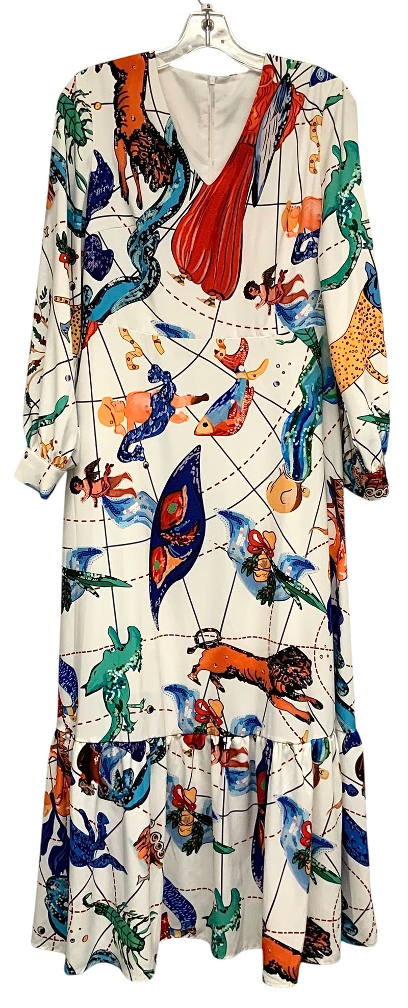 BURRYCO White/Red/Blue Multi Print V-Neck L/S Ruffle Hem Maxi Dress