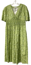 TAYLOR TILMAN Green/White Bandana Print V-Neck Puff Sleeve Midi Dress