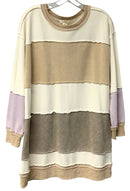MYSTREE Cream/Tan/Taupe Color Block Exposed Seam L/S Top