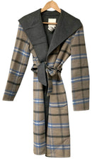 E TAHARI Grey/Blue/Taupe Plaid w/Tie Belt Coat
