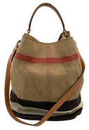 BURBERRY Large Check Canvas Tan Leather Trim Ashby Bucket Bag