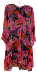 JADE Johnny Was Pink/Red/Purple Floral Ruffle Trim Bell Sleeve Silk Dress