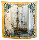 HERMES Vintage Gold Multi Silk "L'Ocean Vaisseau de 118 Canons 1790-1845" Scarf