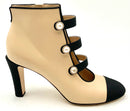 CHANEL Nude Leather Black Grosgrain Ribbon Pearl H/H Booties 41