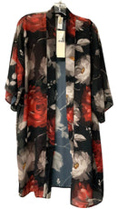 GOTTEX Black/Red/Grey Floral Kimono Sleeve Open Duster