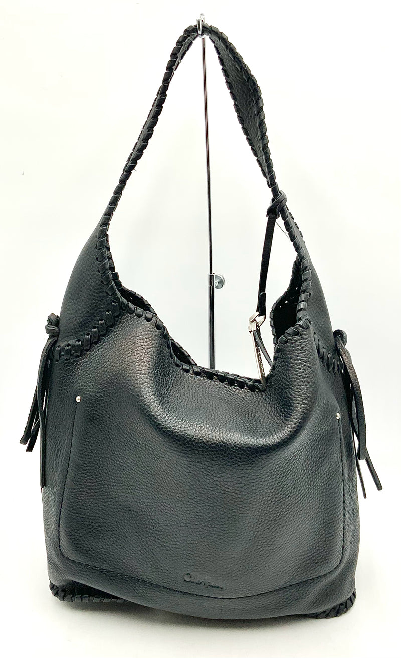 COLE HAAN Black Pebbled Leather Whipstitch Shoulder Bag