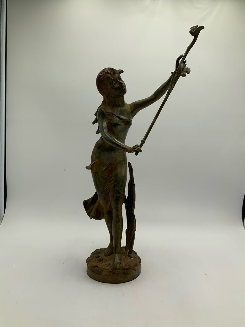 Verdigris Bronze Statue of Woman with Bird