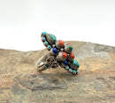 Tibetan Style Sterling, Turquoise, Coral, Lapis & Glass Bead Ring