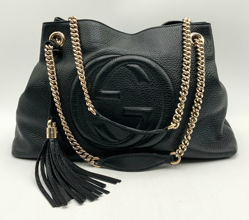 GUCCI Black Pebbled Calfskin Soho Chain Shoulder Bag