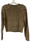 ASTR Cocoa Cable Knit Pearl Accent L/S Sweater