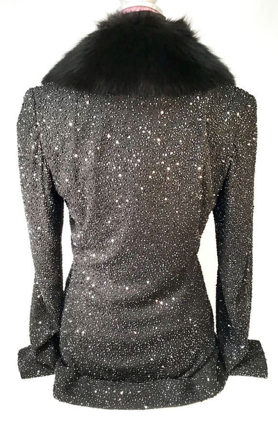 BADGLEY MISCHKA Black Silk Beaded Fox Fur Collar Jacket