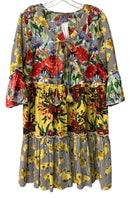 Dress Addict Black White Striped Multi Floral Cotton Tiered Hem Tie Neck Dress
