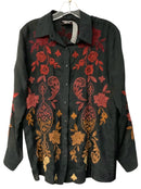 JOHNNY WAS Charcoal w/Rust & Red Floral Embroid L/S B/D Top