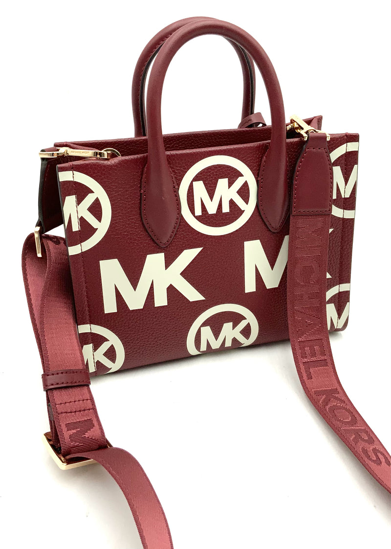 MICHAEL KORS Dark Cherry Grained Leather Logo Mirella Shopper Crossbody Bag
