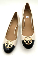 TORY BURCH Ivory Leather Black Patent Cap Toe Logo Pumps 11
