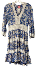 JUST DARVINY Blue/White Floral w/Lace Accents V-Neck 3/4 Sleeve Dress