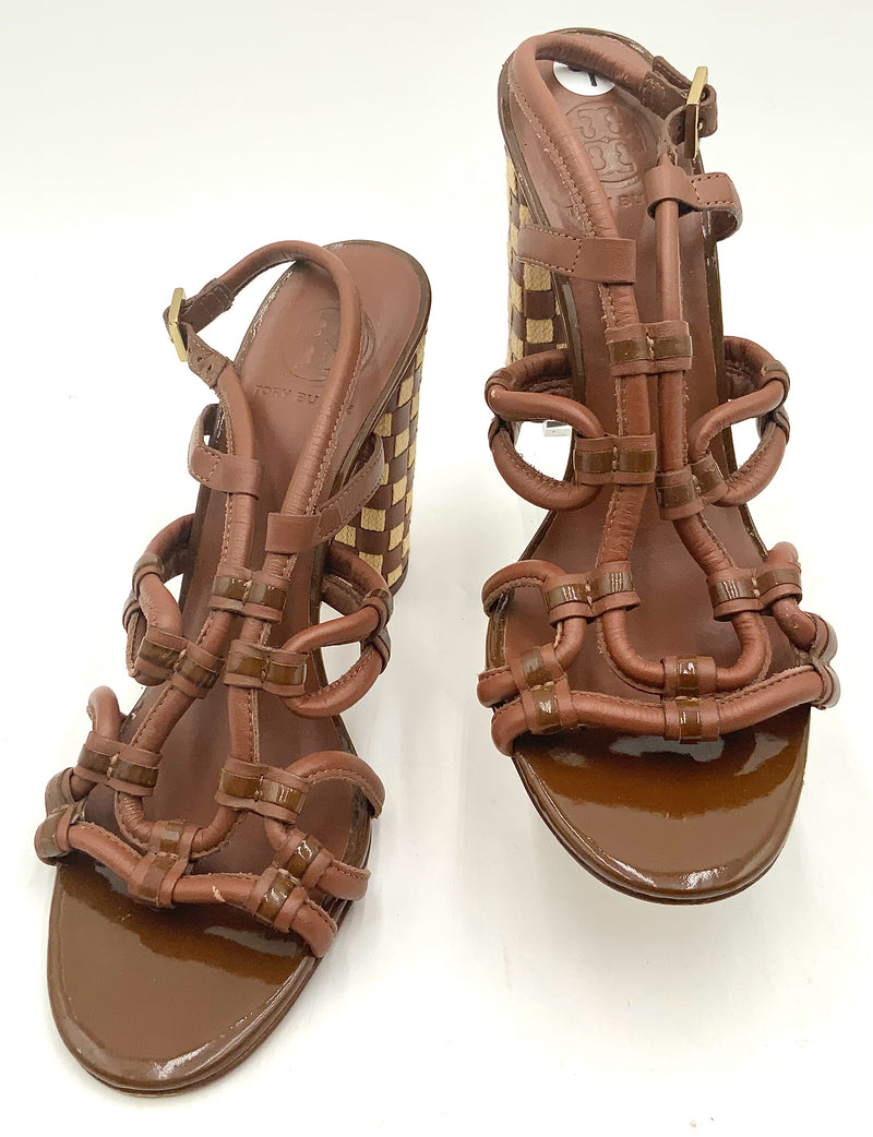 TORY BURCH Brown Leather Woven Canvas Layce Sandals 9M