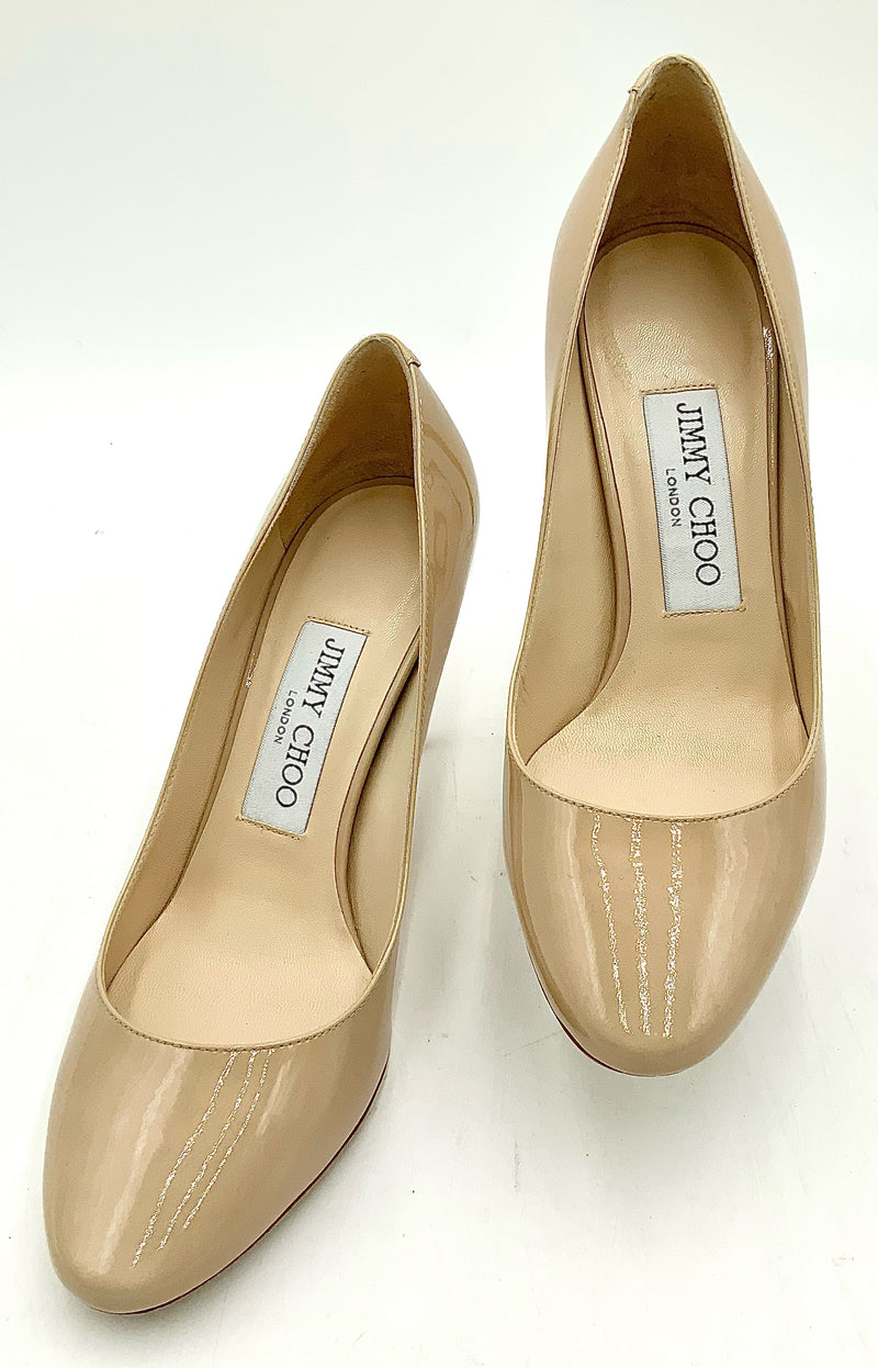 JIMMY CHOO Nude Patent Esme Almond Toe H/H Pumps 5.5