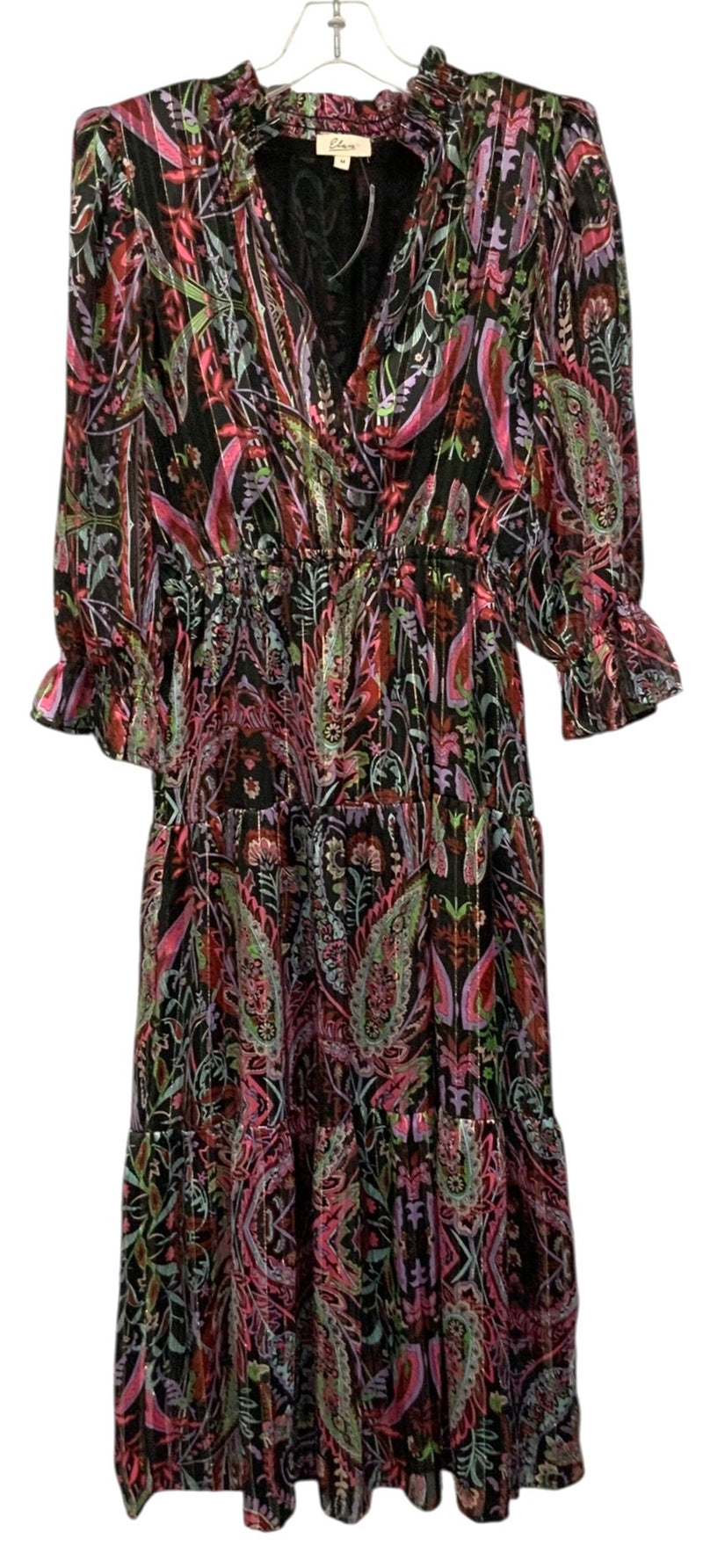 ELAN Black/Pink/Green Paisley V-Neck Tiered Maxi Dress
