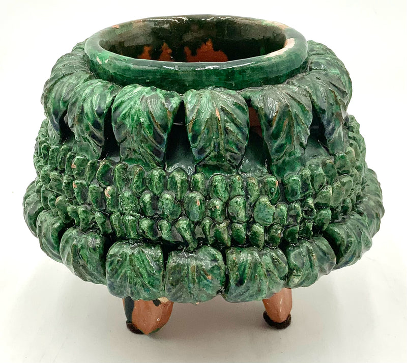 Artisan Pottery Vessel with Green Leaf Design