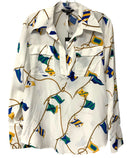 CATHERINE GEE White/Blue/Green/Yellow Banner Print Split Neck Top