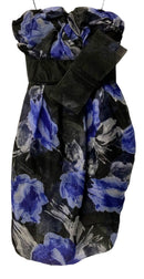 MARCHESA Black/Blue/Grey Sheer Floral Overlay w/Mesh Bow Strapless Silk Dress