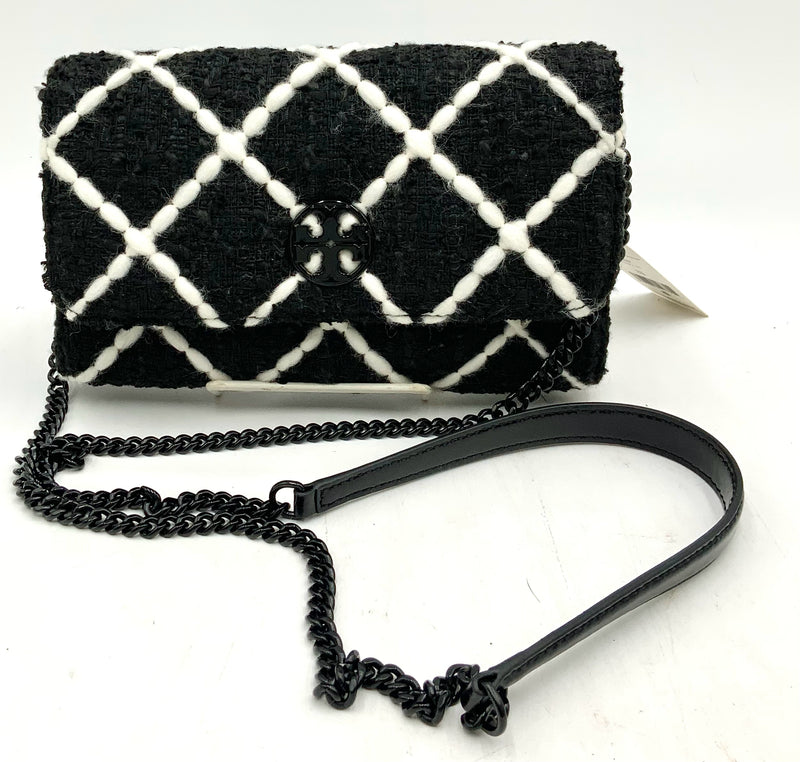 TORY BURCH Black White Willa Tweed Wallet on Chain Bag