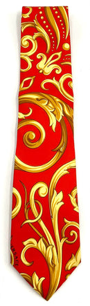 VERSACE Red Gold Acanthus Print Silk Tie