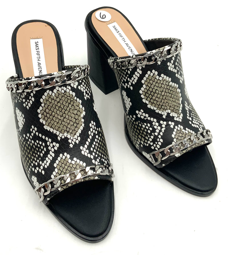 SAKS FIFTH AVENUE Black Taupe Snake Print Chain Accent Charlotte Sandals 6