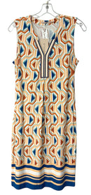 ESQUALO Teal/Aqua/Peach/White Geometric Print Beaded Split Neck S/L Dress
