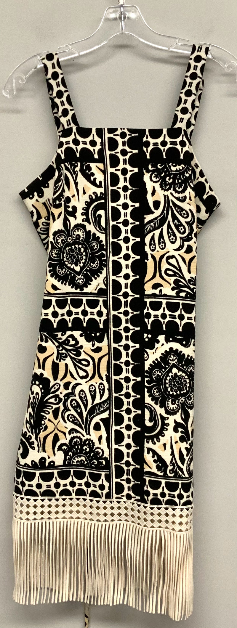 TAHARI Cream/Black Medallion Print w/Fringe Hem S/L Dress