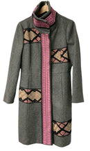 PLENTY by Tracy Reese Grey Wool Pink Multi Embroidered Funnel Neck Coat