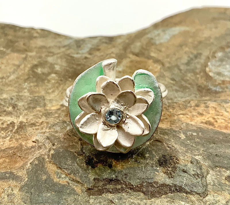 IRIS SCHAMBERGER Sterling, Aquamarine & Enamel Water Lily Ring