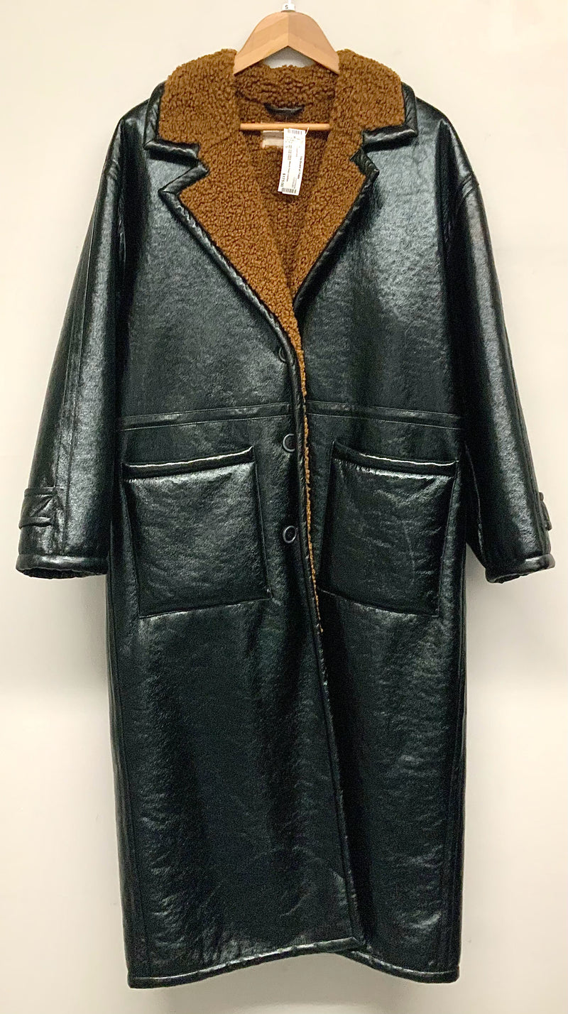 WE THE FREE Black Faux Lea Brown Sherpa Lined London Coat