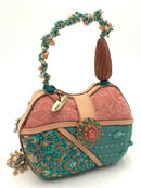 MARY FRANCES Tan Suede Turq Peach Fabric Carved Wood Turq/Red Bead Bag