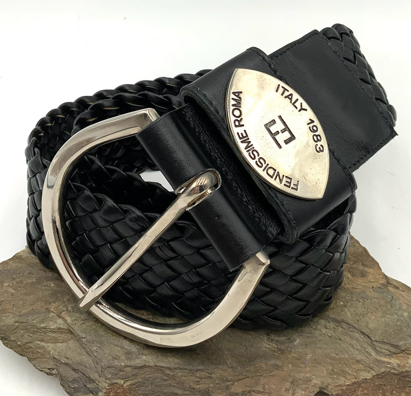 FENDI Vintage Black Braided Leather Wide Belt XS