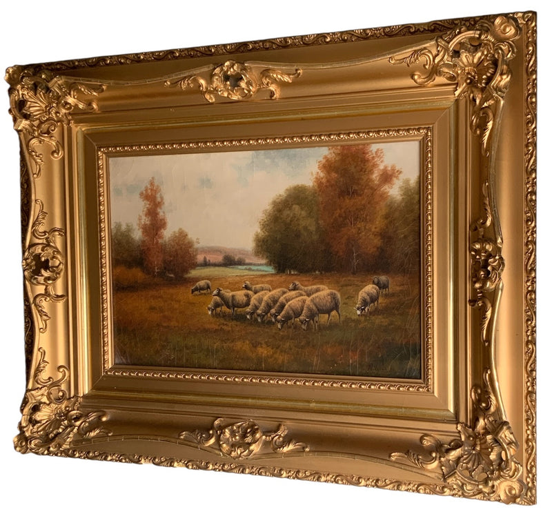 Antique English Oil on Canvas of Sheep in Gold Frame