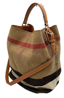 BURBERRY Large Check Canvas Tan Leather Trim Ashby Bucket Bag
