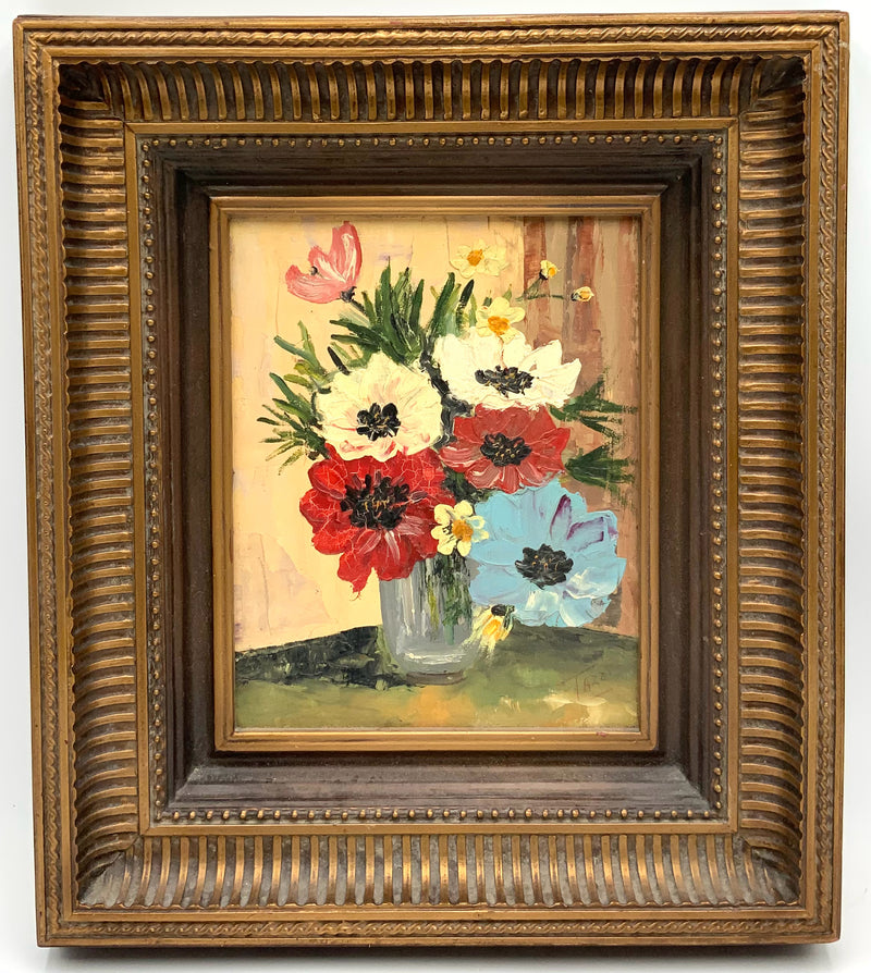 Vintage Oil on Board of Flowers in Vase