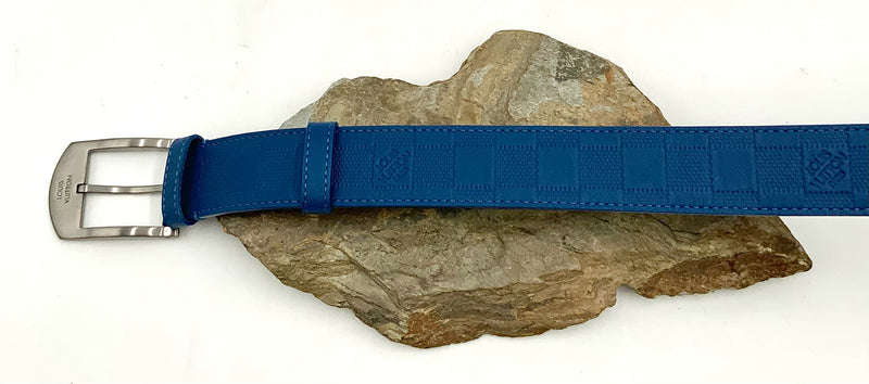 LOUIS VUITTON Blue Damier Embossed Leather Belt 90cm