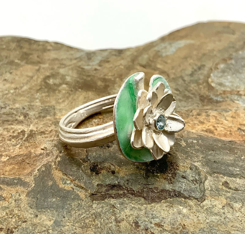 IRIS SCHAMBERGER Sterling, Aquamarine & Enamel Water Lily Ring