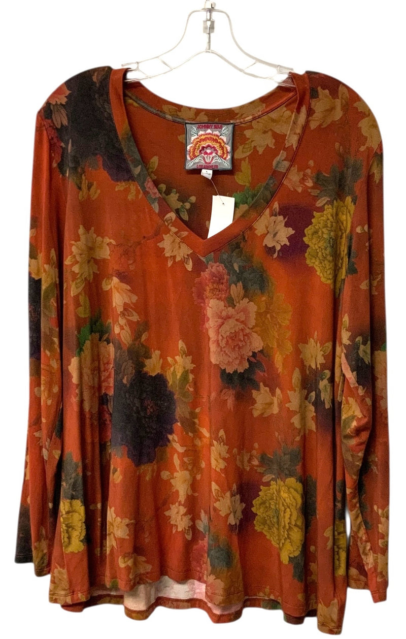 JOHNNY WAS Crimson Floral V Neck Jersey L/S Top