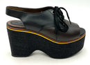 MARNI Brown/Black Leather Brown/Yellow Strip Flannel Lace up Wedge Platforms 36