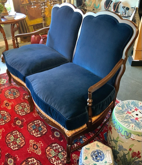 French Style Carved Settee with Navy Upholstery