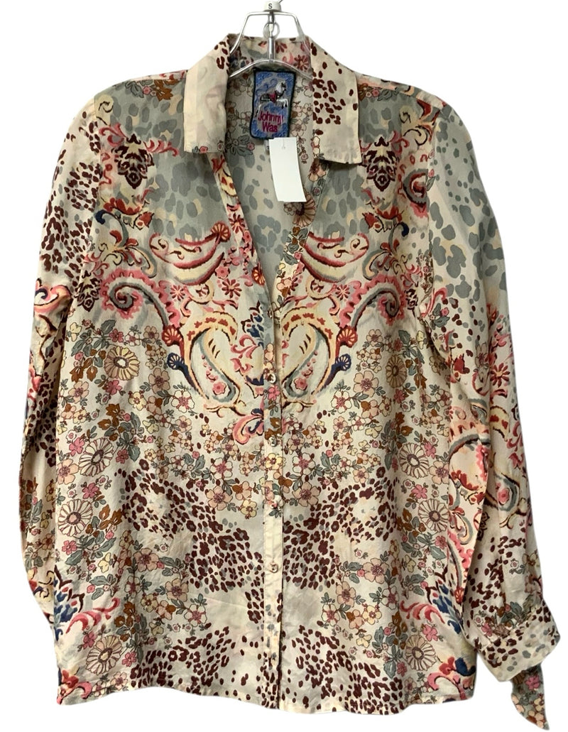 JOHNNY WAS Cream/Pink/Mint Floral L/S B/D Silk Top